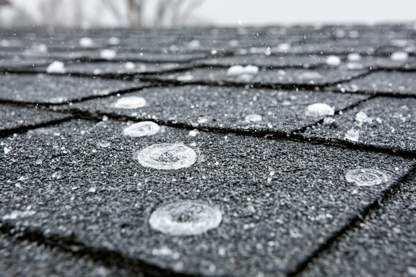 Close-up of asphalt shingles pitted with round hail impact marks